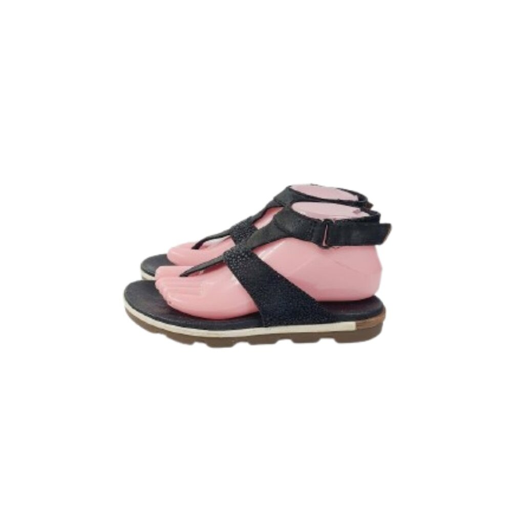 Sorel Women's Black White Torpeda Leather Ankle Strap Thong Sandal Size US 7